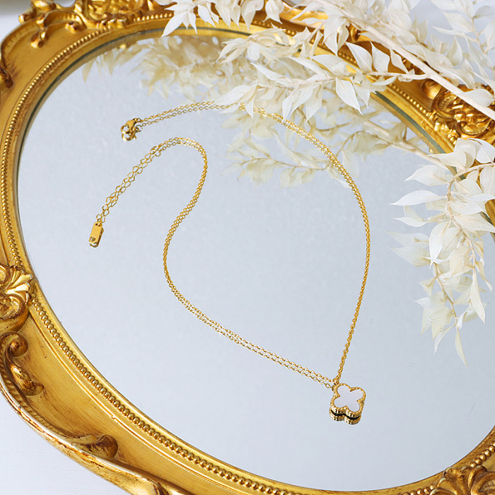 Elegante e fofo trevo de quatro folhas em aço inoxidável com revestimento embutido em concha banhada a ouro 18K colar com pingente