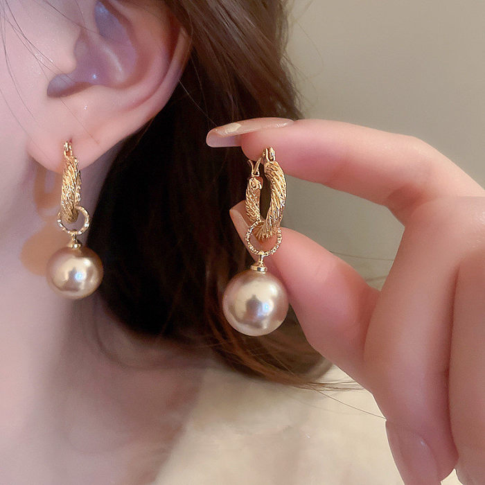1 Paar Retro-Ohrringe im schlichten ovalen Inlay-Stil mit künstlichen Perlen aus Edelstahl