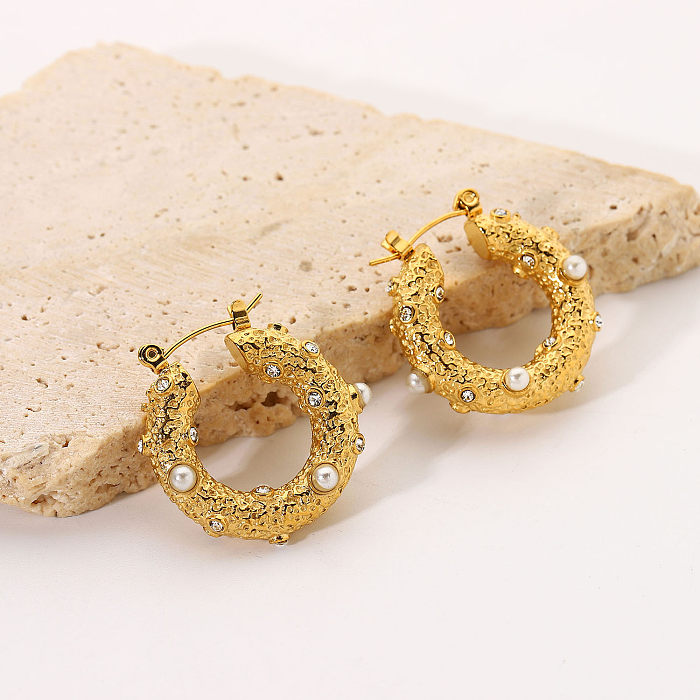 Pendientes de aro de perlas de moda, joyería de acero inoxidable de oro de 18 quilates, pendientes de circonia cúbica con martillo