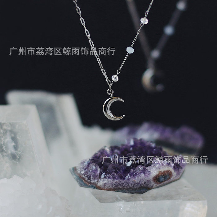 Transparent Crystal Beads Handmade Chain Moon Stitching Short Stainless Steel Necklace