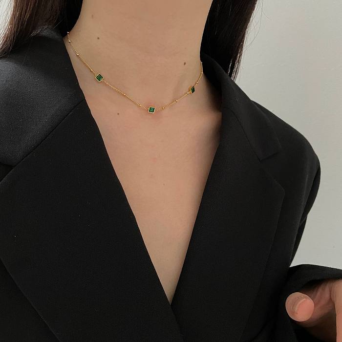 Fashion Small Square Color Zirconium Green Zirconium Stainless Steel Necklace