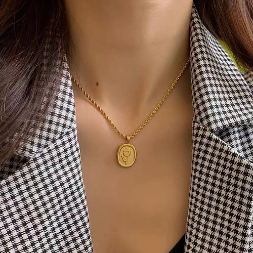 Collier géométrique rétro français en acier inoxydable 18 carats, tournesol, ne se décolore pas