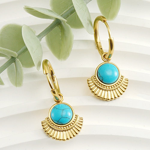 Simple Style Round Sector Stainless Steel  Plating Inlay Turquoise 18K Gold Plated Drop Earrings