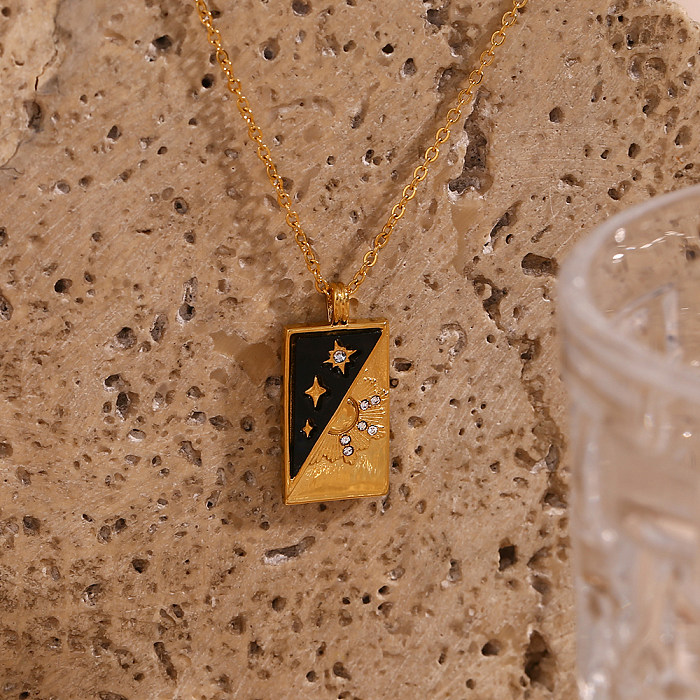 1 pieza de collar con colgante de diamante artificial con incrustaciones de acero inoxidable y estrella del sol a la moda