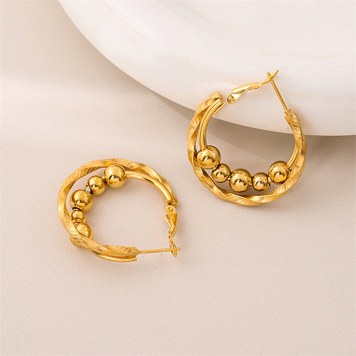 Stainless Steel  Ear Ring European And American Fashion Twisted Twist Earrings Female String Beads And Round Beads Stud Earrings Cross-Border Hong Kong Style Retro Metal Double Ring Earrings