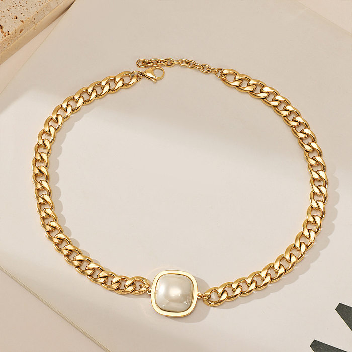 Hip-Hop Square Stainless Steel  Gold Plated Artificial Pearls Necklace