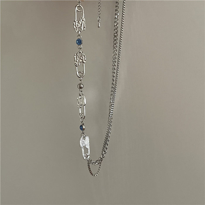 Mode Sky Blue Zircon Pin Edelstahl Doppelschicht Halskette Großhandel Schmuck