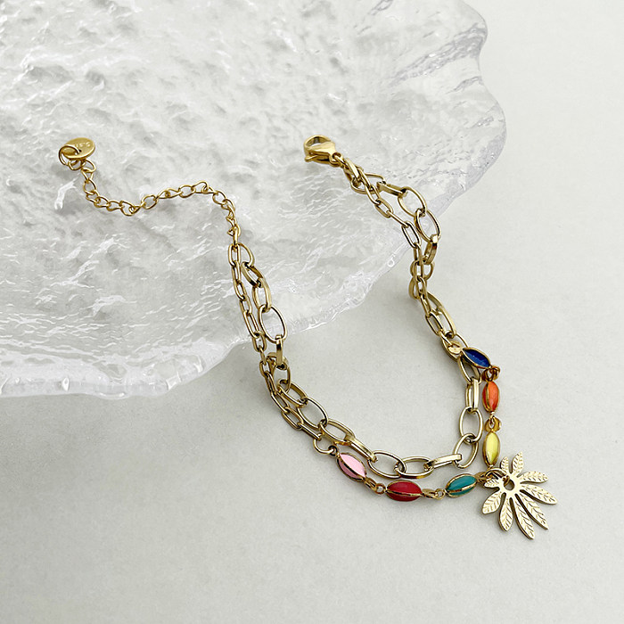 Elegante estilo vintage com folhas de deslocamento em aço inoxidável pulseiras banhadas a ouro