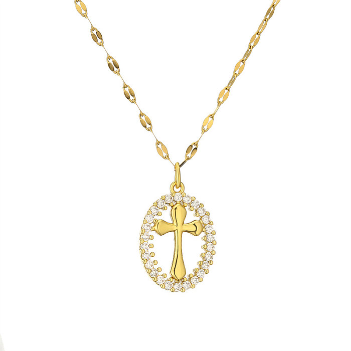 Casual Simple Style Cross Tree Stainless Steel  Copper Plating Hollow Out Inlay Zircon Gold Plated Pendant Necklace