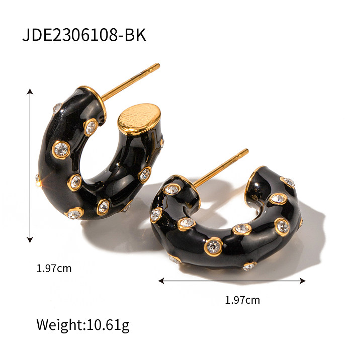1 Pair IG Style C Shape Enamel Plating Inlay Stainless Steel  Artificial Diamond 18K Gold Plated Ear Studs