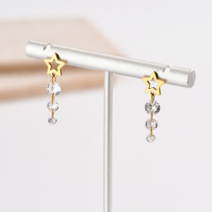 1 paire de boucles d'oreilles pendantes en acier inoxydable et Zircon plaqué or 14 carats, Style Simple, étoile