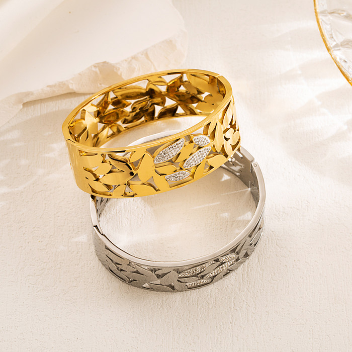 Elegante doce estilo simples deixa titânio chapeamento de aço incrustado strass banhado a ouro pulseira banhada a prata