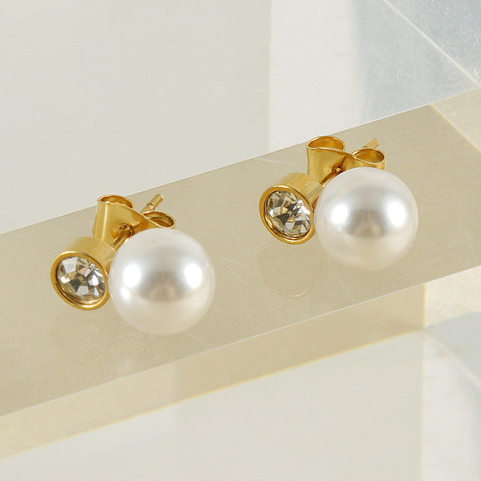 Lady Geometric Stainless Steel  Imitation Pearl Inlay Rhinestones Earrings 1 Pair