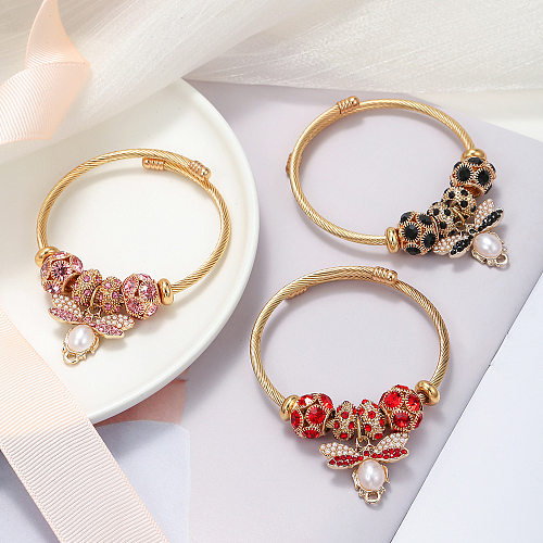 Mode Abeille Titane Acier Incrustation Perles Artificielles Strass Bracelet 1 Pièce