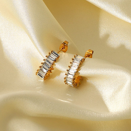 Boucles d'oreilles géométriques incrustées de Zircon en acier inoxydable, en forme de C, en or 18 carats, pour femmes