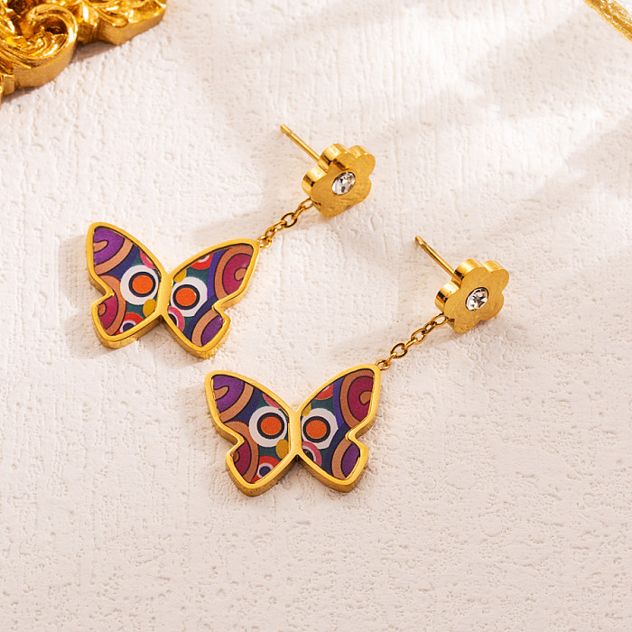1 Pair INS Style Tropical Artistic Devil'S Eye Butterfly Stainless Steel  Enamel Plating Inlay Zircon 18K Gold Plated Drop Earrings