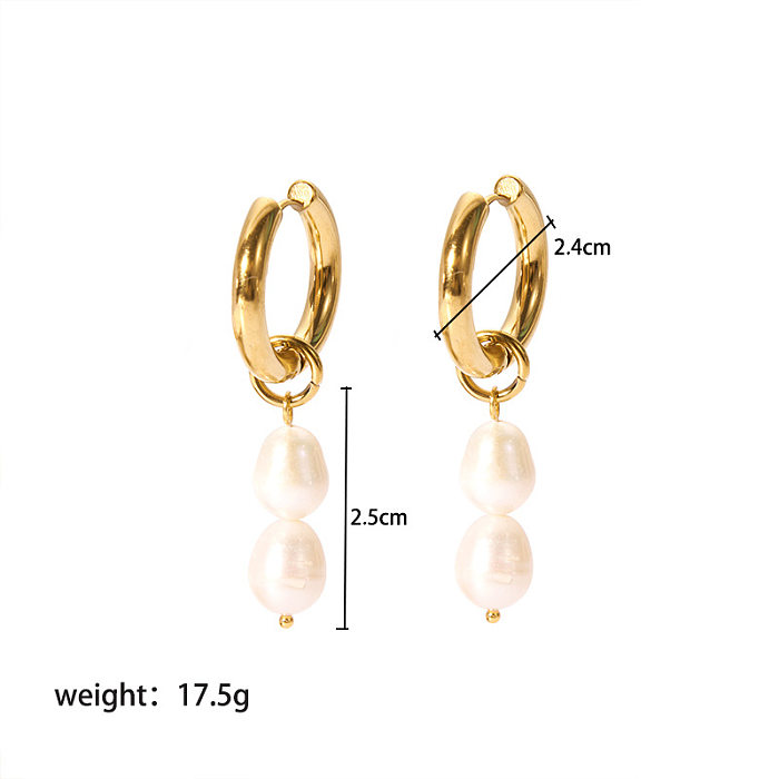 1 paire de boucles d'oreilles plaquées or pour femmes, placage géométrique, en acier inoxydable, perles d'eau douce