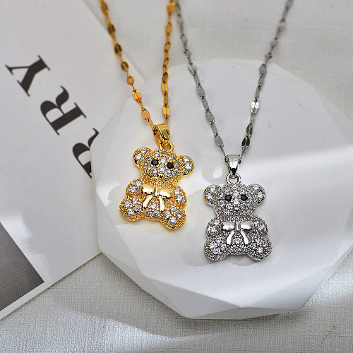 Niedliche kleine Bären-Halskette mit Anhänger aus Edelstahl, Kupfer-Inlay und Zirkon