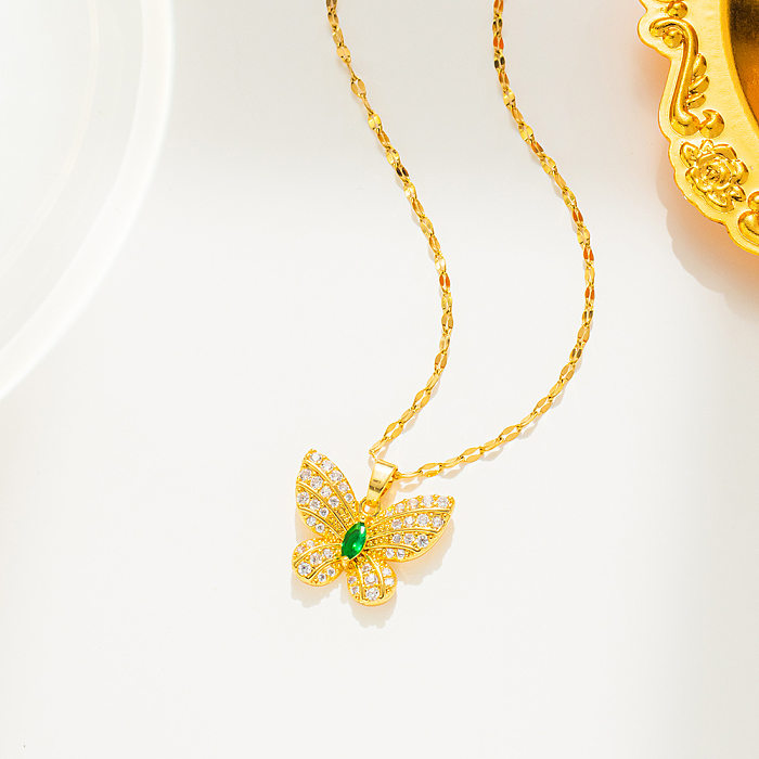 Lässige Schmetterlings-Halskette mit Intarsien-Zirkon-Anhänger aus Edelstahl