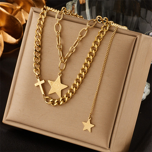 Retro Solid Color Stainless Steel Layered Plating 18K Gold Plated Necklace