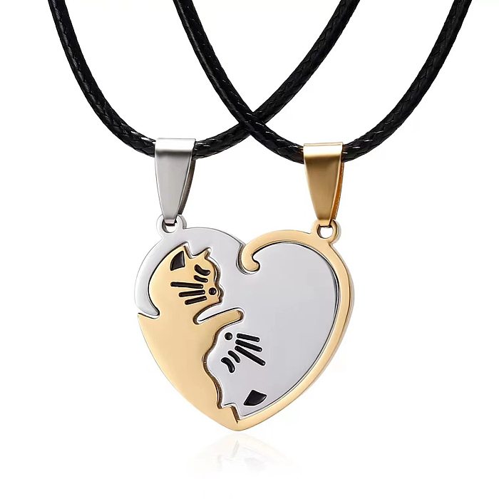Collier pendentif en acier inoxydable chat en forme de coeur de style dessin animé