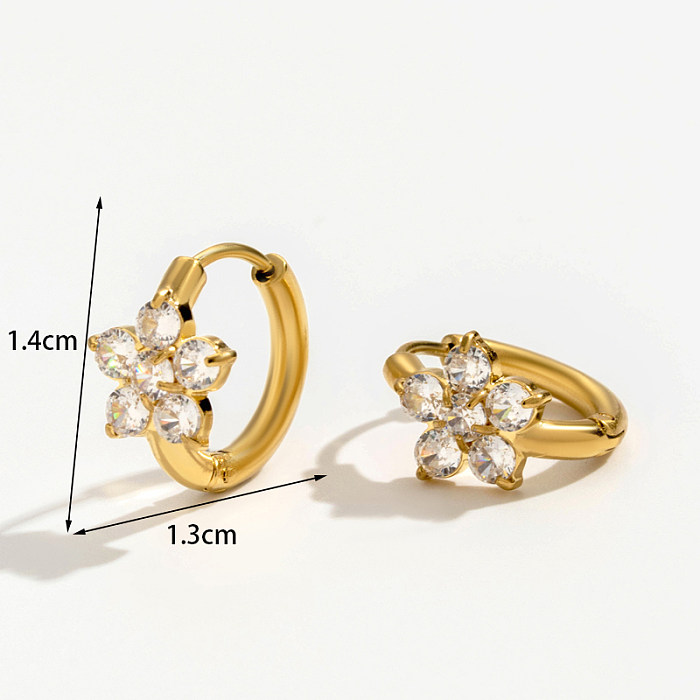 1 Paar elegante, schlichte, geometrische herzförmige Blumen-Beschichtungs-Inlay-Ohrringe aus Edelstahl mit Zirkon und 18-karätigem Gold