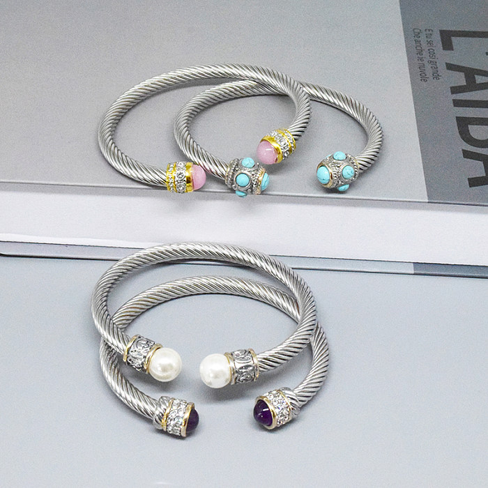 Bracelet rétro en forme de C, incrustation en acier inoxydable, perles en pierre naturelle, câble torsadé