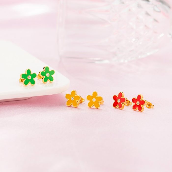 1 Pair Cute Flower Epoxy Plating Inlay Stainless Steel  Zircon Gold Plated Ear Studs