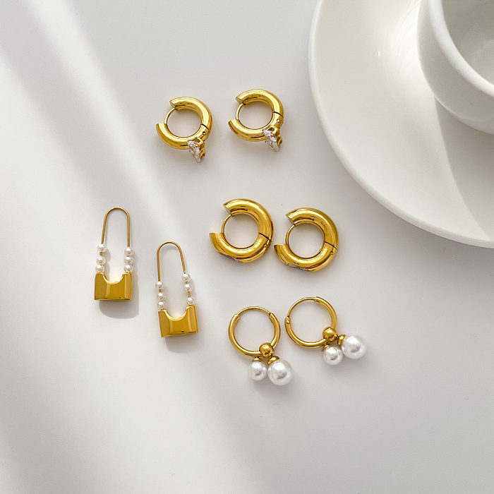 1 Paar schlichte, einfarbige Inlay-Ohrringe aus Edelstahl mit Perlen und Zirkonen