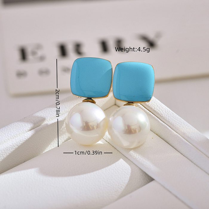 Boucles d'oreilles carrées en émail, Style Simple, incrustation de perles artificielles en acier inoxydable, 1 paire