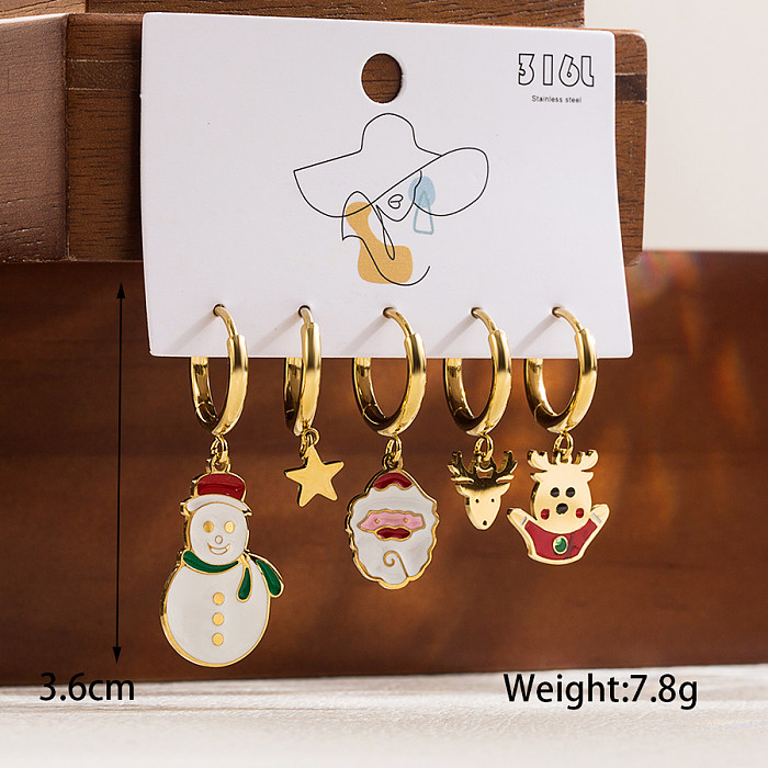 1 Set Cute Classic Style Christmas Tree Santa Claus Snowman Enamel Plating Stainless Steel  14K Gold Plated Drop Earrings