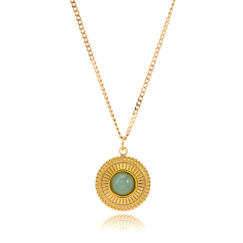Retro Simple Style Round Stainless Steel  Plating Inlay Green Aventurine 18K Gold Plated Pendant Necklace