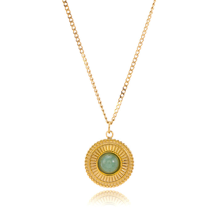 Retro Simple Style Round Stainless Steel  Plating Inlay Green Aventurine 18K Gold Plated Pendant Necklace