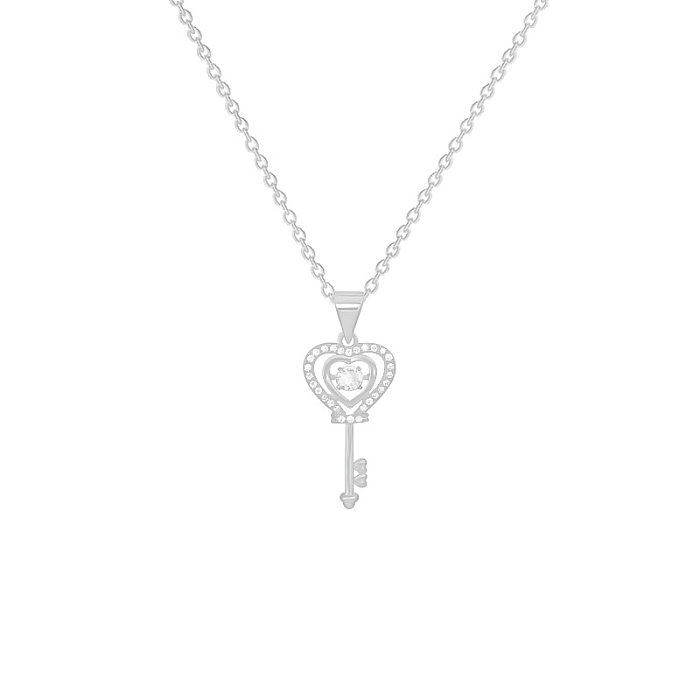 Streetwear Heart Shape Key Stainless Steel Copper Inlay Artificial Gemstones Pendant Necklace