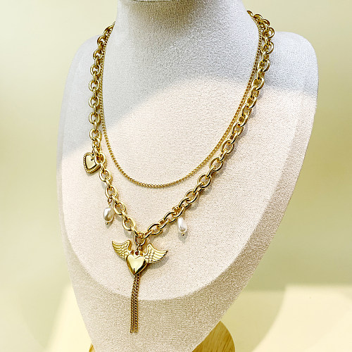 أزياء الهيب هوب غير الرسمية على شكل قلب وأجنحة من الفولاذ المقاوم للصدأ وقلادات ذات طبقات مطلية بالذهب