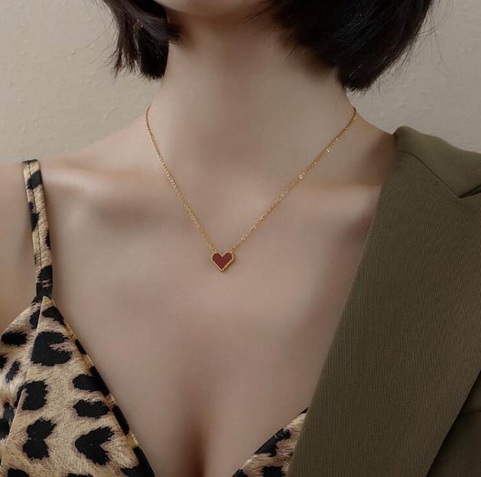 L165 French Entry Lux Red Heart Enamel Clavicle Chain Necklace Stainless Steel 18K Gold Vintage Heart Shaped Clavicle Necklace