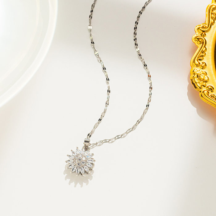 Sweet Flower Stainless Steel Inlay Rhinestones Pendant Necklace