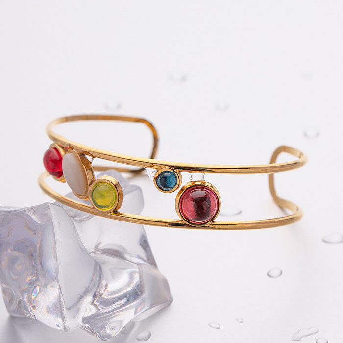 IG Style Simple Style Round Oval Stainless Steel Plating Inlay Artificial Gemstones 18K Gold Plated Bangle