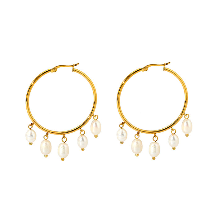 1 Pair Elegant Round Plating Stainless Steel  Freshwater Pearl 18K Gold Plated Drop Earrings
