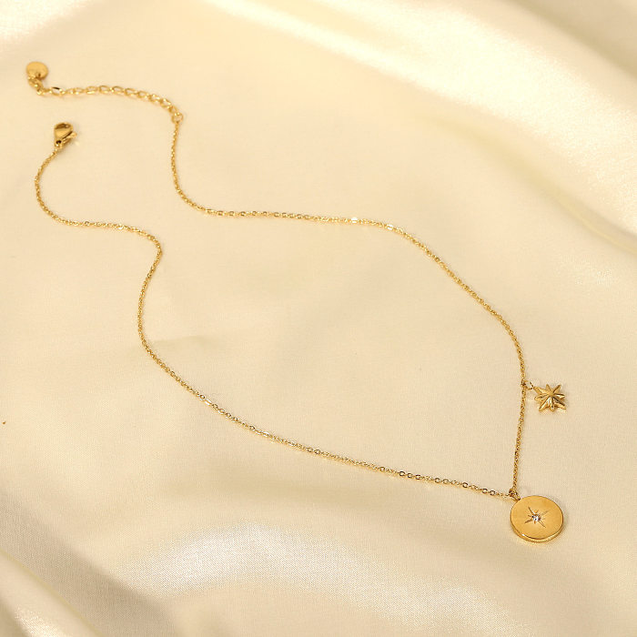 Moda 18K banhado a ouro aço inoxidável oito pontas estrela zircão pingente colar feminino