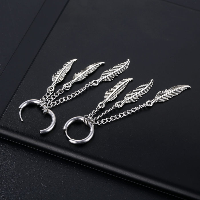Boucles d'oreilles pendantes avec chaîne à pampilles en acier inoxydable, 1 pièce, Style Simple, plume