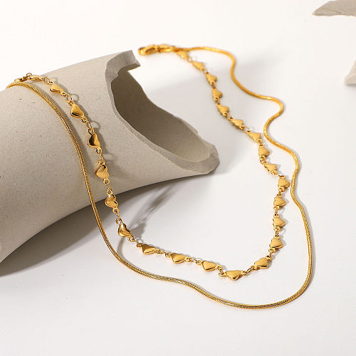 18K Gold Edelstahl Metall Halskette Damen Beliebte Herz Doppel Halskette