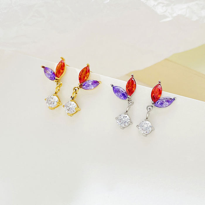 1 Pair Sweet Leaf Plating Inlay Stainless Steel  Zircon White Gold Plated Gold Plated Drop Earrings