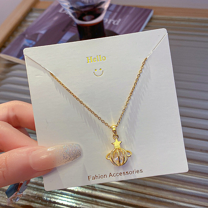 Romantic Simple Style Star Planet Stainless Steel Copper Plating Hollow Out Inlay Zircon Gold Plated Pendant Necklace