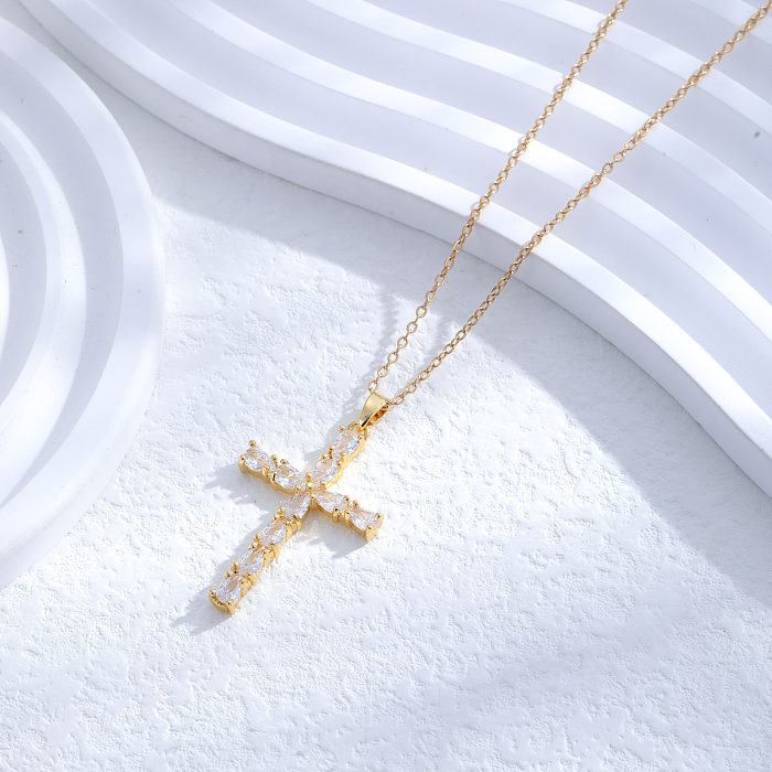 Retro Simple Style Cross Stainless Steel Plating Inlay Zircon 24K Gold Plated Pendant Necklace
