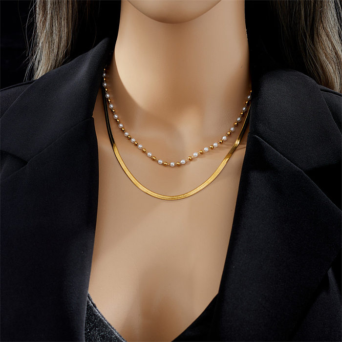 Casual Simple Style Solid Color Stainless Steel Beaded Pearl Plating 18K Gold Plated Layered Necklaces