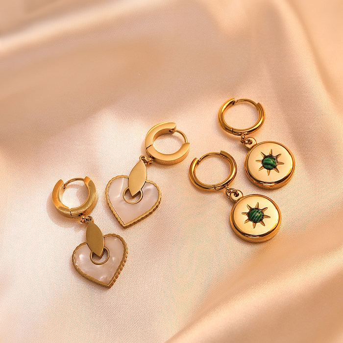 Boucles d'oreilles pendantes en forme d'étoile et de cœur, Style Simple, incrustation en acier inoxydable, coquille plaquée or 1 carats, 18 paire