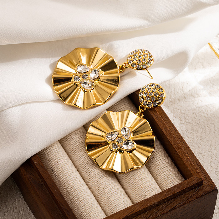 1 Pair French Style Sweet Round Plating Inlay Stainless Steel  Zircon Gold Plated Drop Earrings