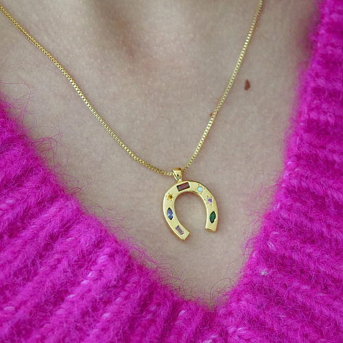 Fashion U Shape Stainless Steel  Pendant Necklace Plating Inlay Artificial Gemstones Stainless Steel  Necklaces