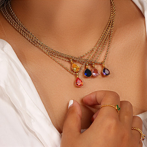 Lady Water Droplets Stainless Steel  Pendant Necklace Inlaid Zircon Stainless Steel  Necklaces